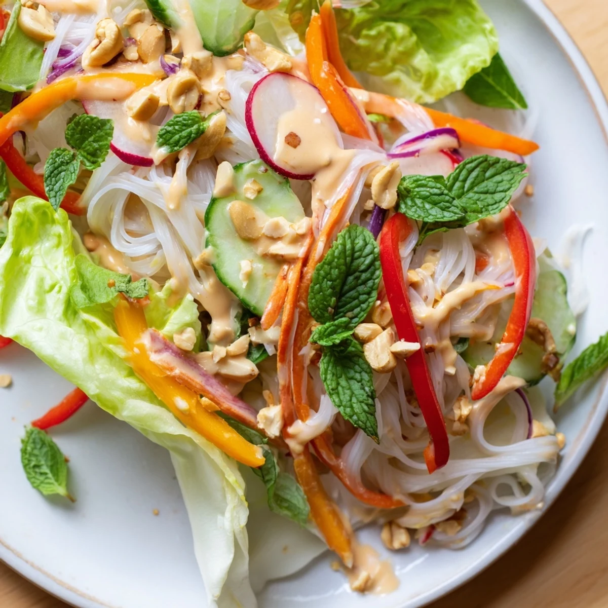 Fresh spring roll salad with peanut dressing showcasing julienne carrots, cucumbers, and bean sprouts in a colorful layered bowl