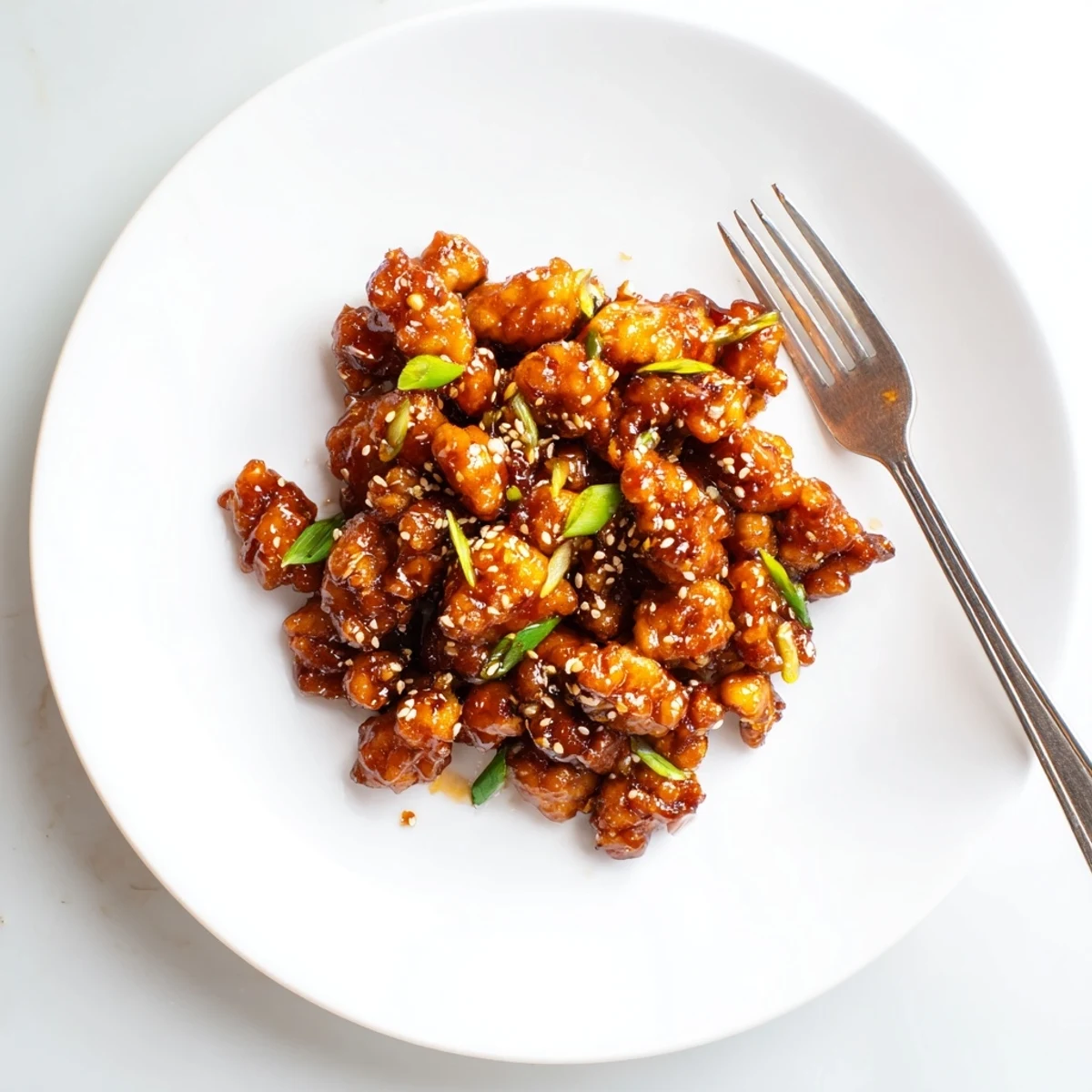 Golden brown honey garlic chicken pieces glazed in a sticky sweet sauce with sesame seeds