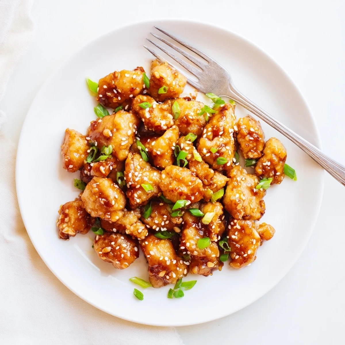 Asian-inspired honey garlic chicken in a skillet garnished with fresh green onions and sesame seeds