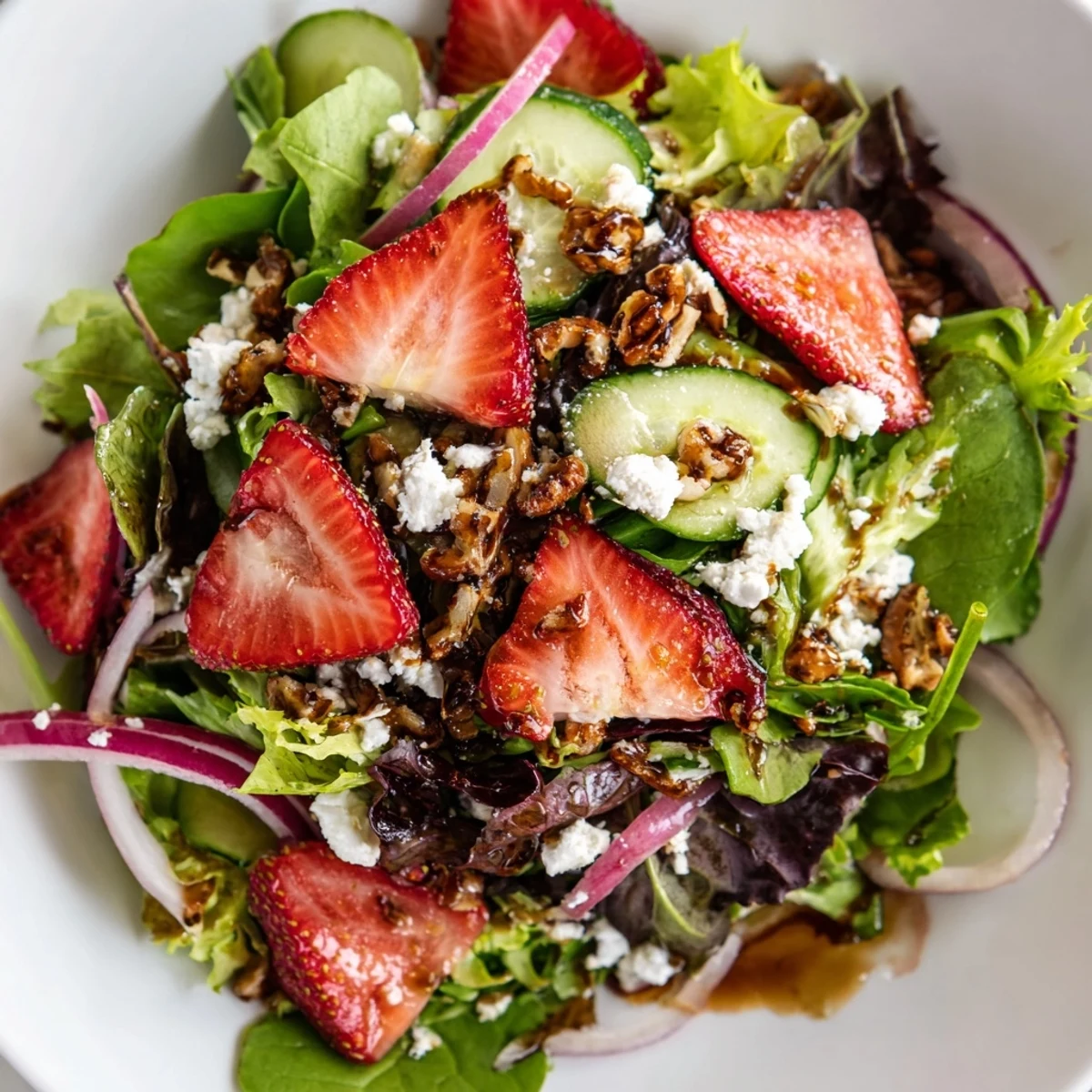 Fresh strawberry crunch salad with sliced berries, greens, cucumber, and toasted pecan topping in a white bowl