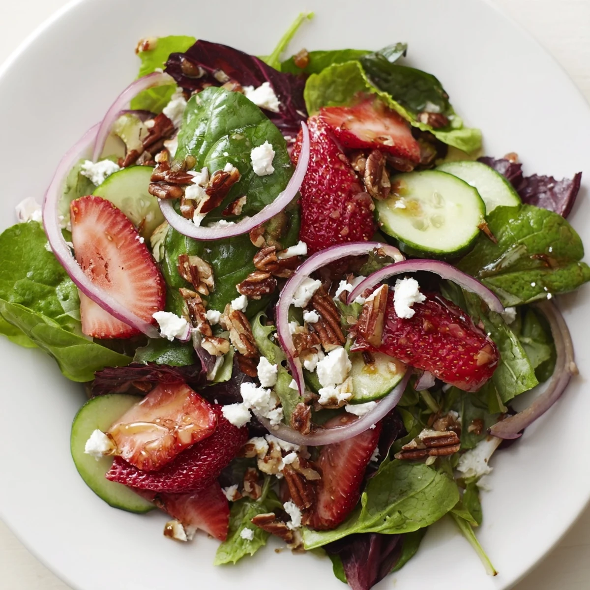 Bowl of vibrant strawberry crunch salad drizzled with balsamic dressing and garnished with crunchy almonds