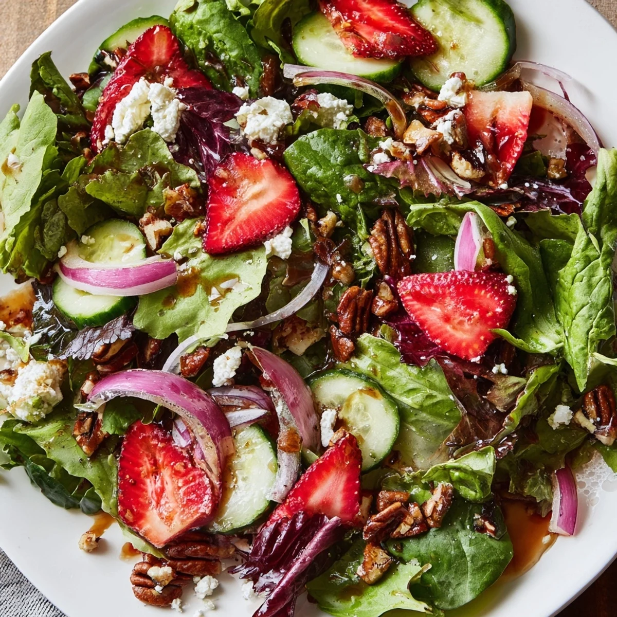 Colorful summer strawberry crunch salad arranged on rustic wooden table with feta cheese and crispy onions