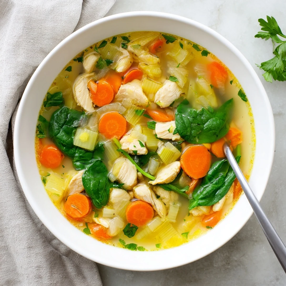 Golden Mediterranean lemon herb chicken soup bowl featuring tender chicken pieces, colorful carrots, celery, and vibrant wilted spinach in aromatic broth