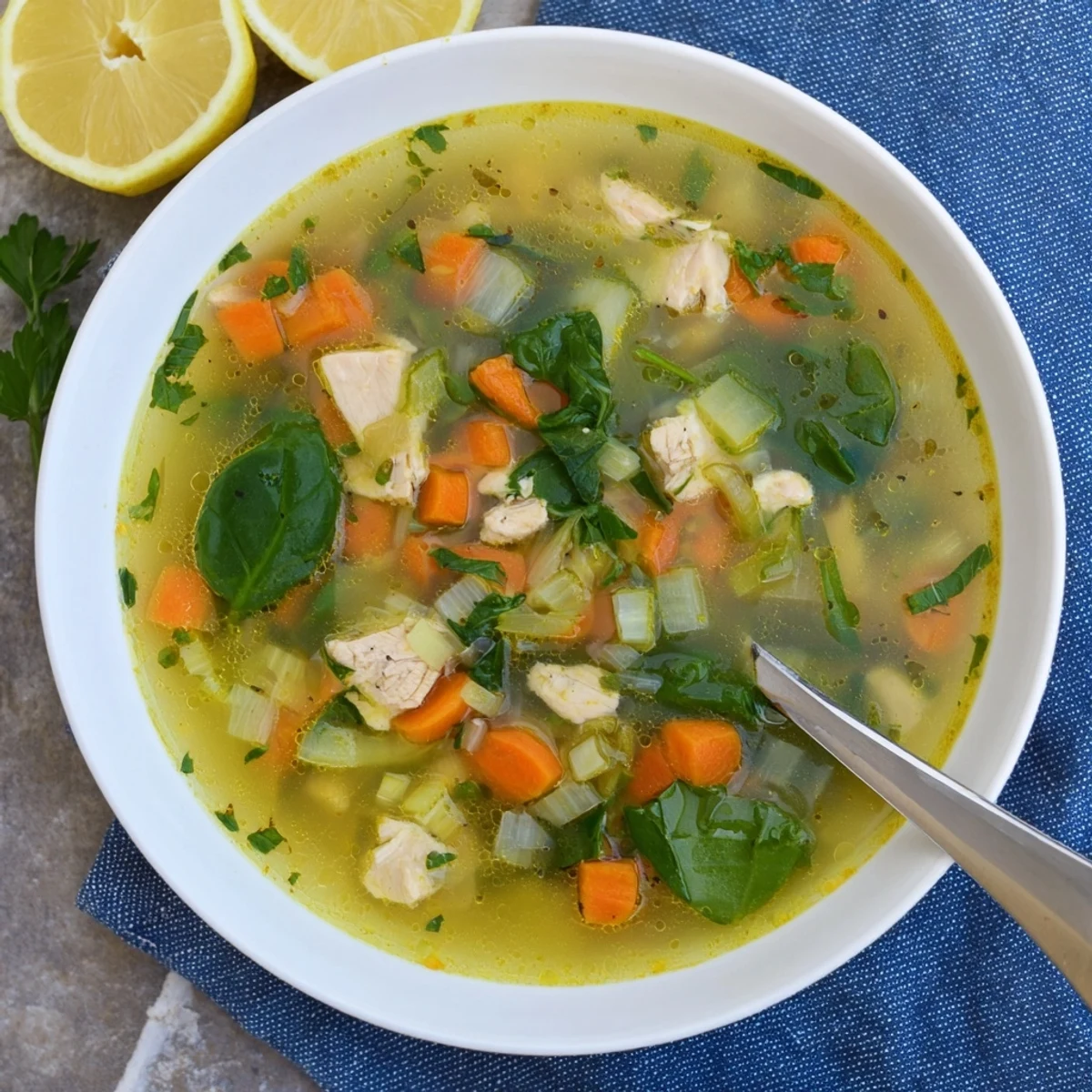 Steamy white ceramic bowl of Mediterranean lemon herb chicken soup garnished with fresh parsley and lemon zest, hearty vegetables visible throughout