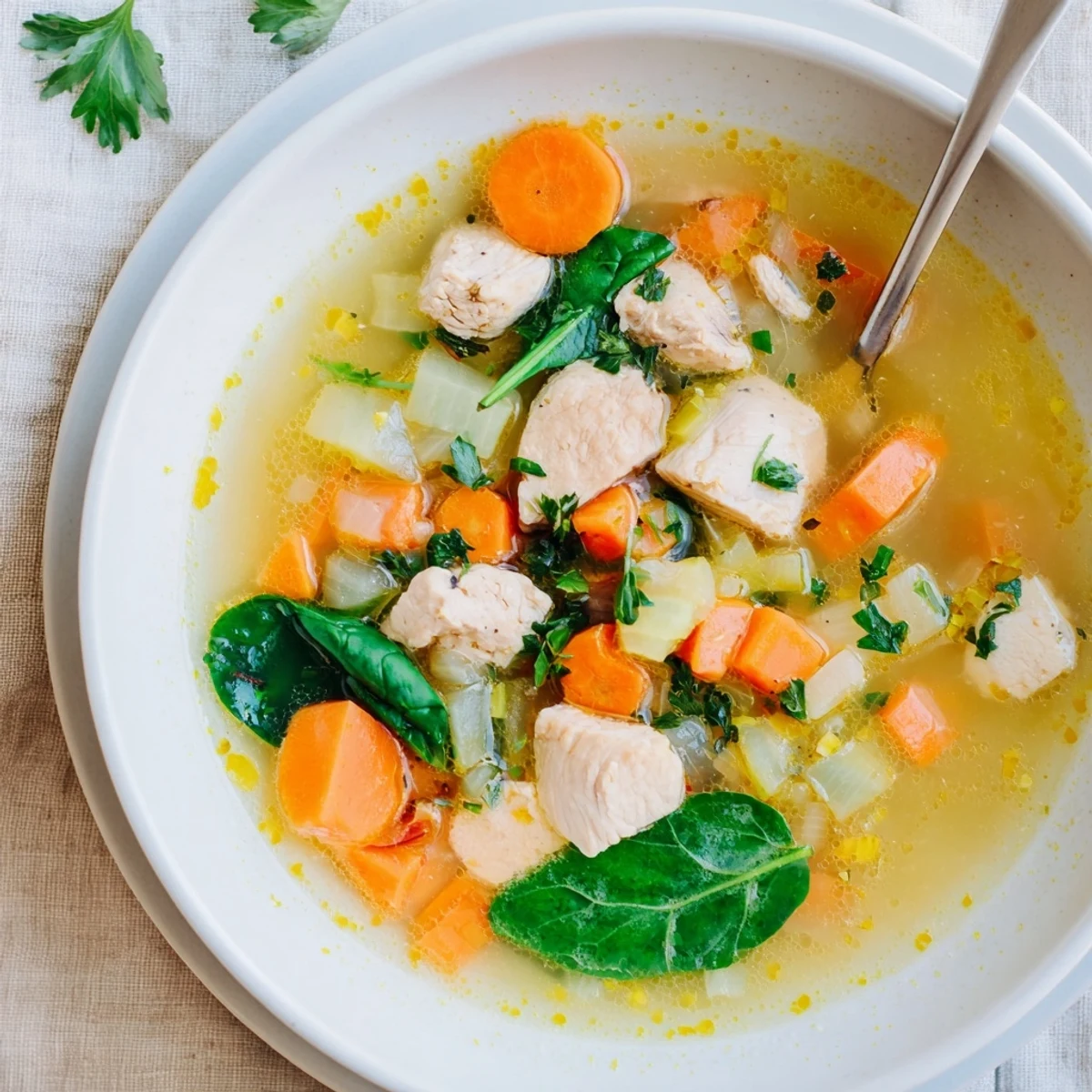 Rustic Mediterranean lemon herb chicken soup simmering in pot with tender chicken chunks, diced vegetables, and fresh green spinach floating in clear broth
