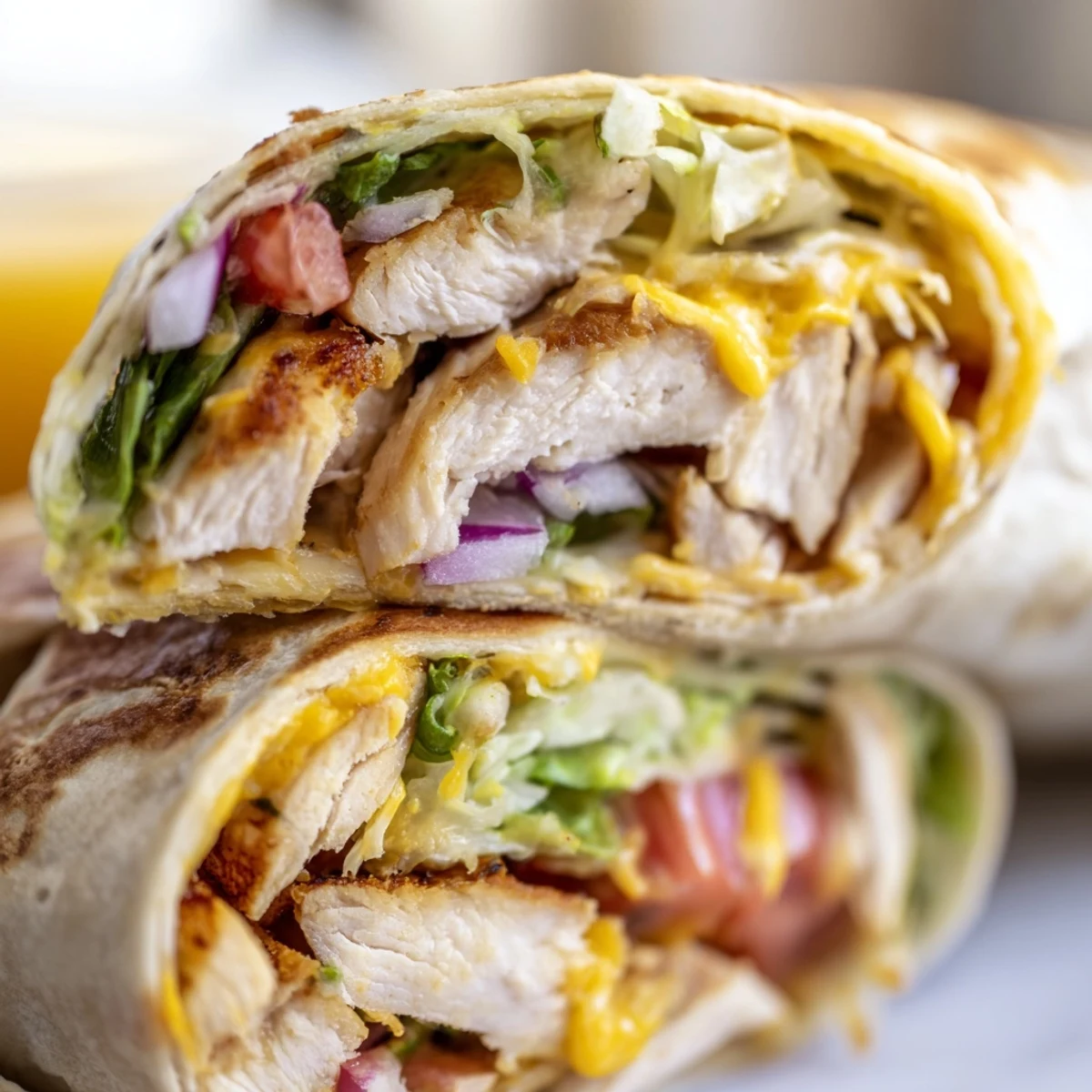 Golden cheesy garlic chicken wraps with melted cheese and fresh crisp vegetables wrapped in soft warm flour tortillas