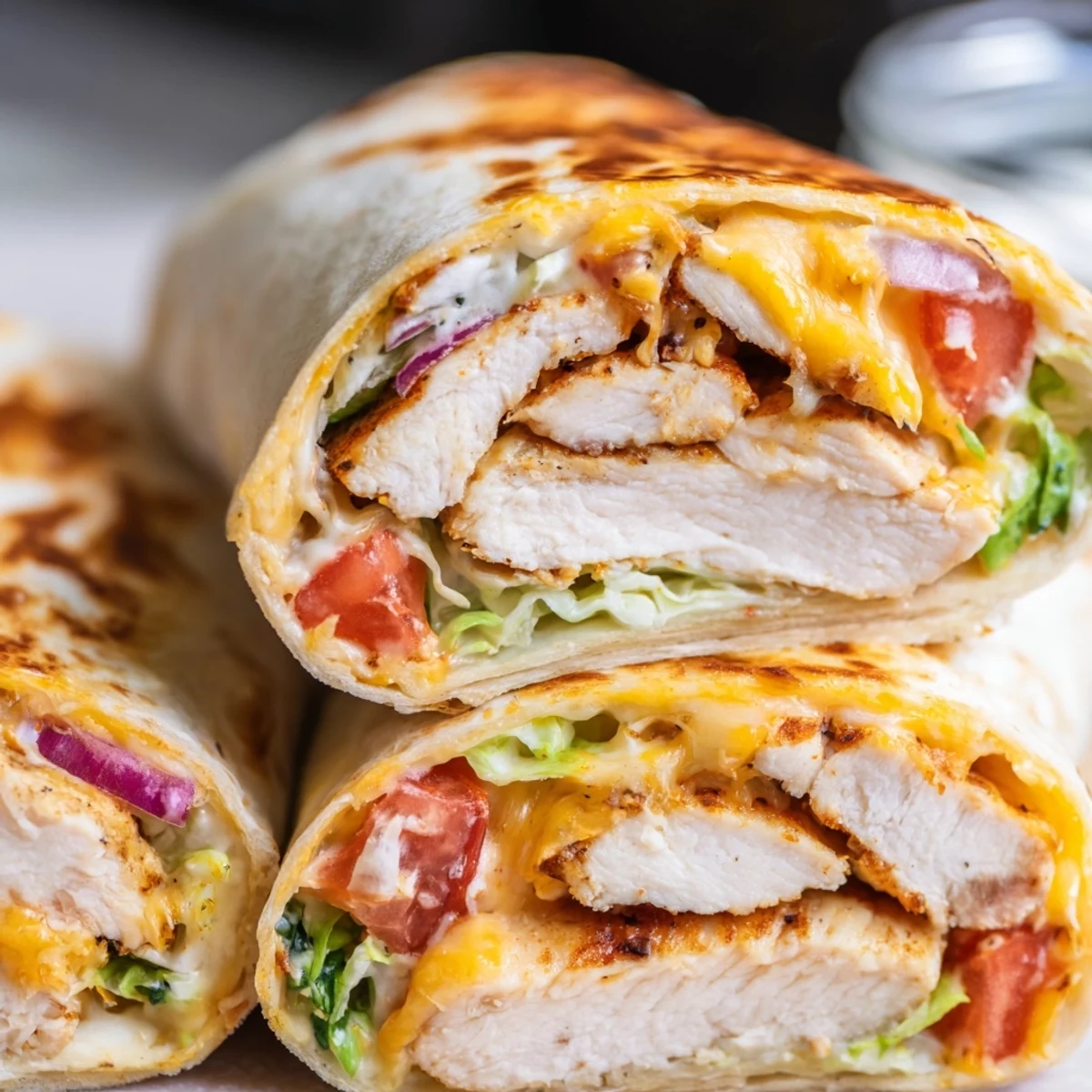 Sliced cheesy garlic chicken wraps revealing tender seasoned chicken strips lettuce tomato and melted mozzarella cheddar cheese inside