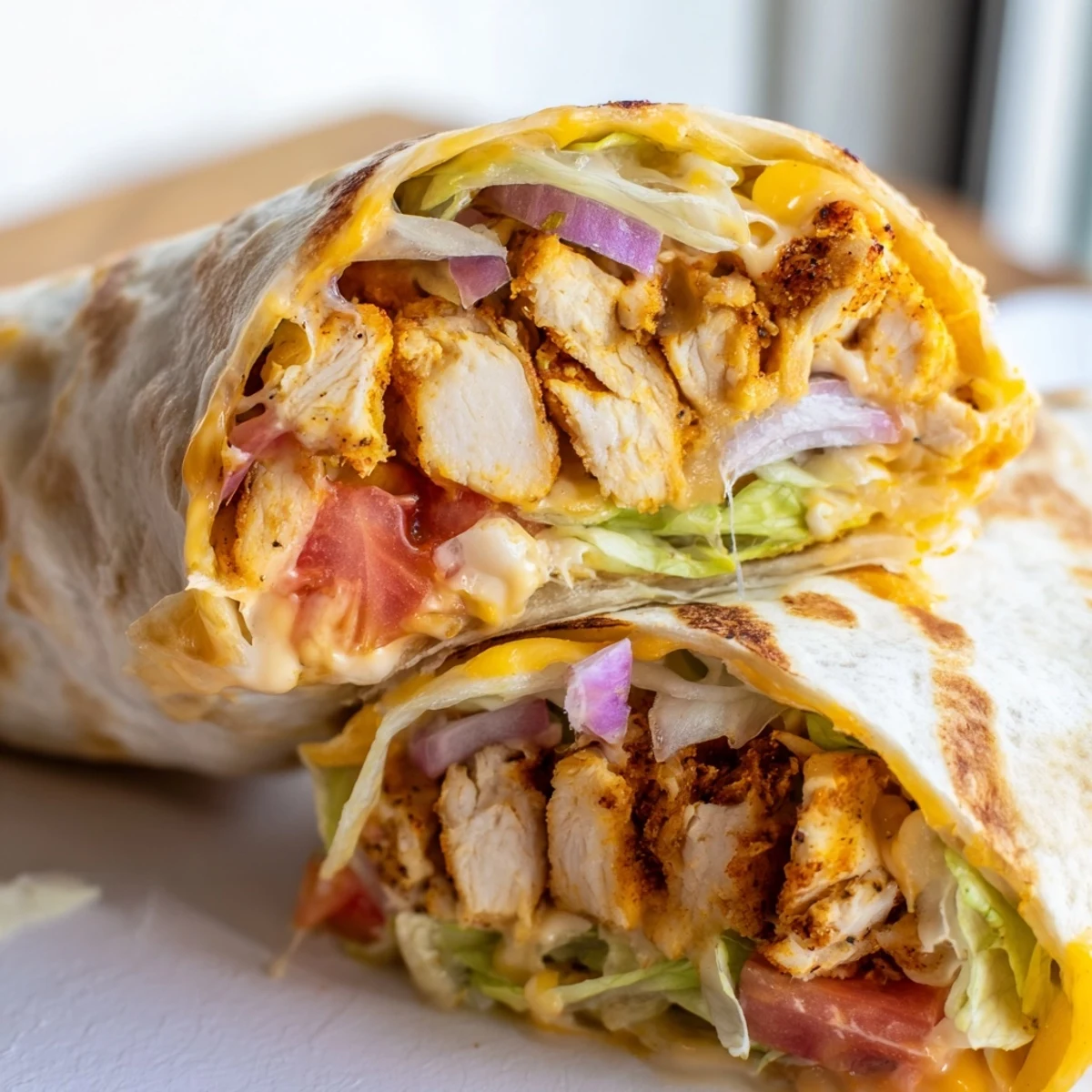 Handheld cheesy garlic chicken wraps featuring golden brown spiced chicken fresh crunchy veggies and gooey melted cheese filling