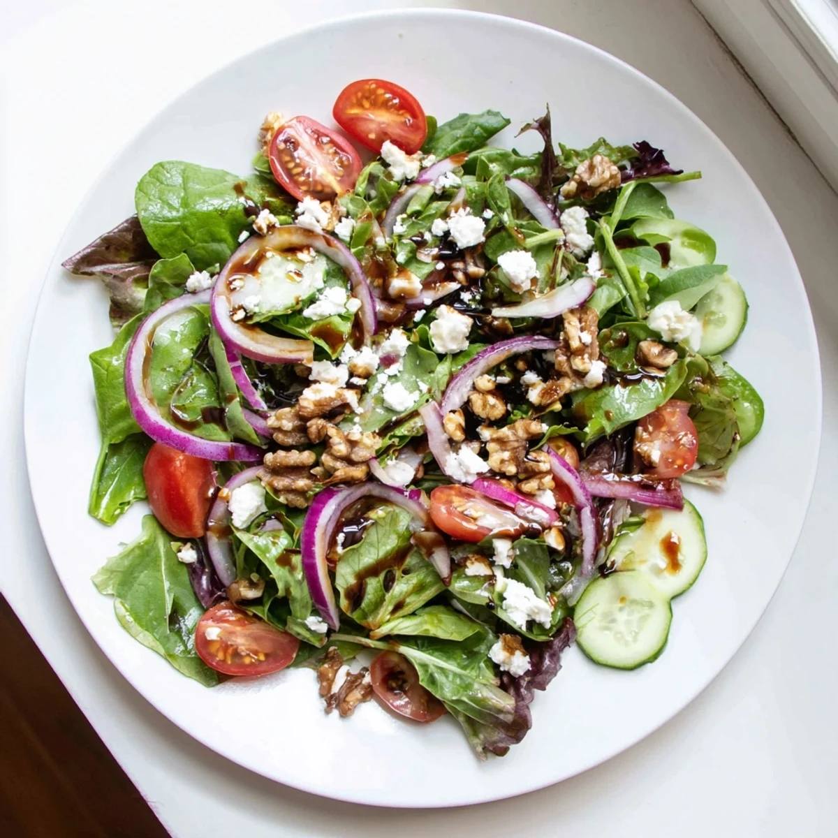 Vibrant spring mix salad with cherry tomatoes and cucumber drizzled with balsamic honey dressing