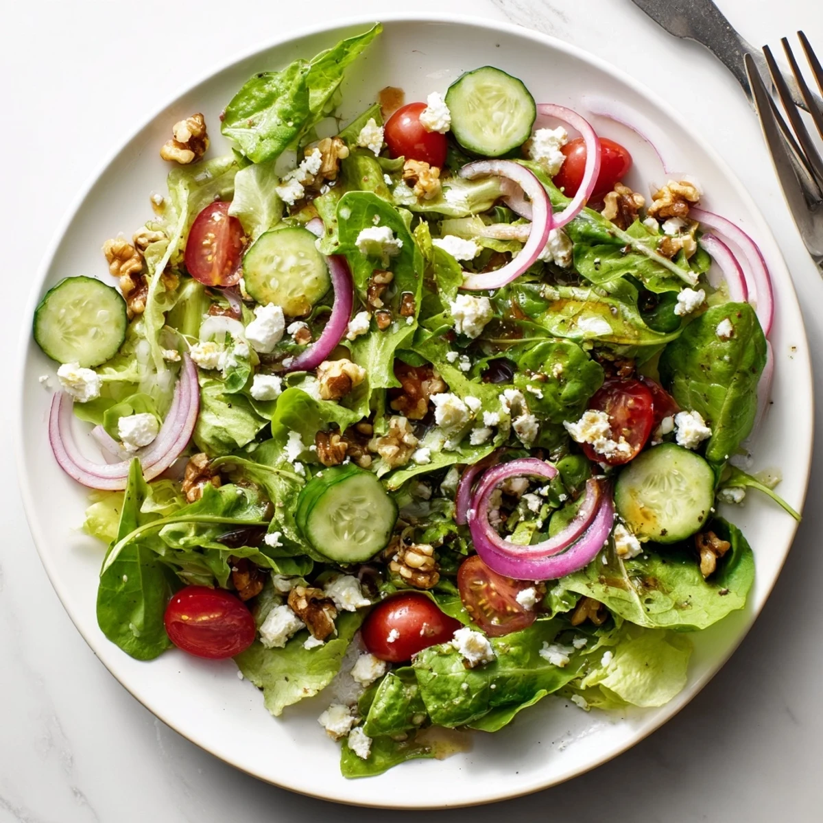 Colorful bowl of spring mix salad tossed in sweet balsamic honey dressing with toasted walnuts