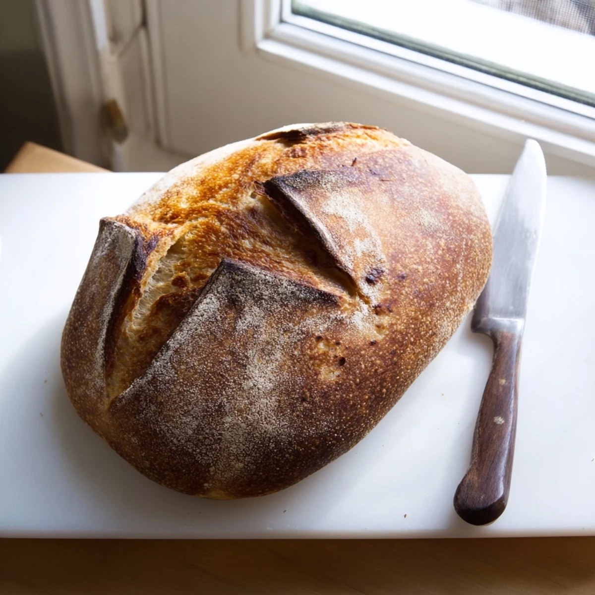 Golden crusty easy rustic bread loaf with deep scoring and chewy interior