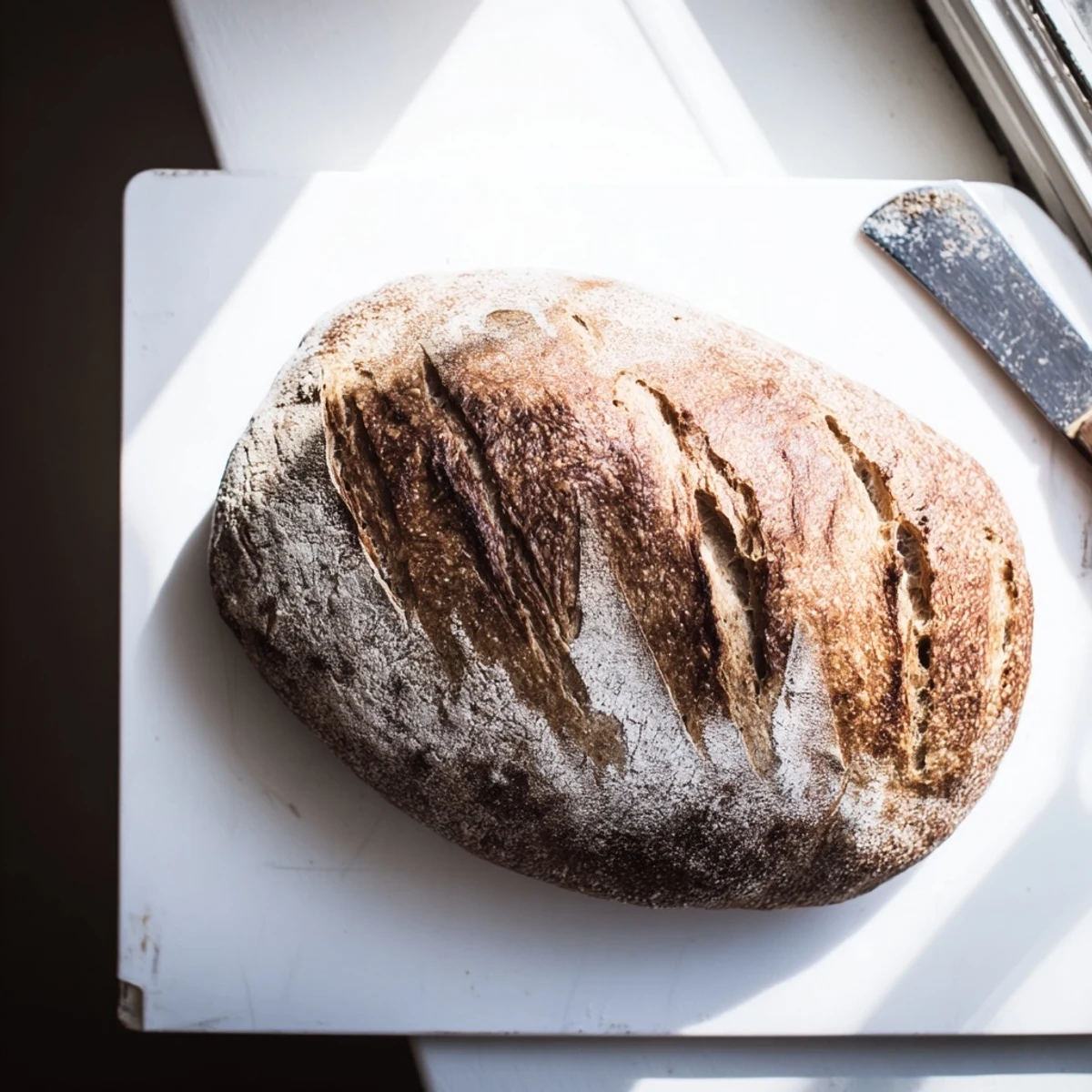 Freshly baked easy rustic bread cooling on wire rack with artisan crackled crust