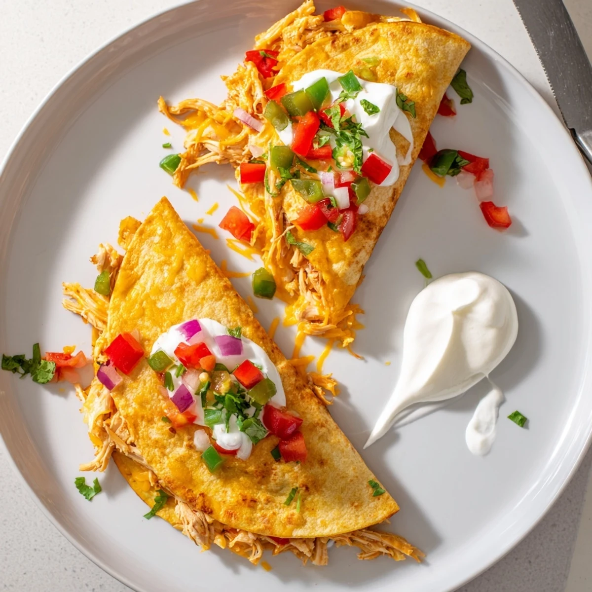 Crispy flour tortilla folded over seasoned chicken and peppers, golden brown with bubbling cheese