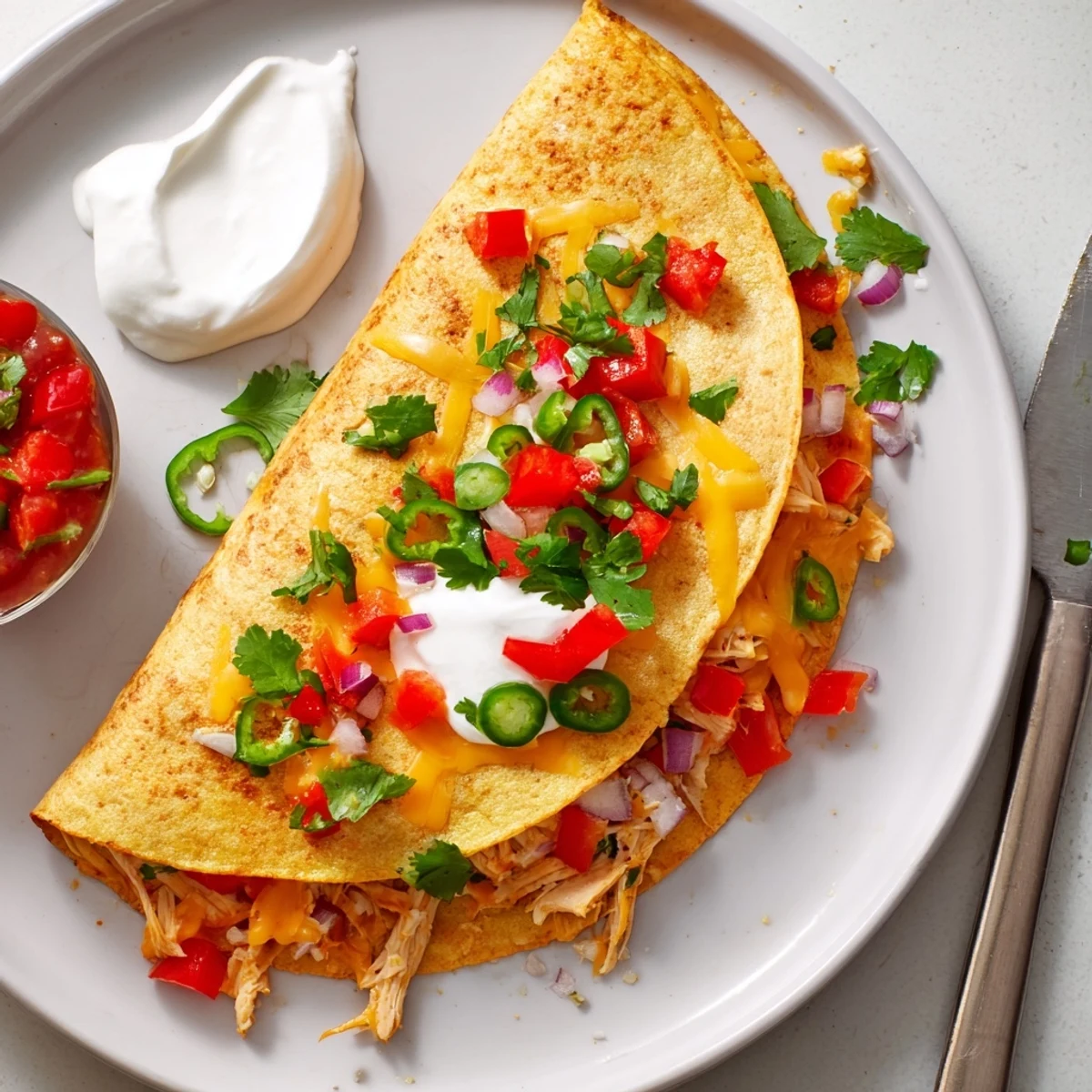 Homemade chicken quesadillas on a white plate served with fresh salsa and guacamole dipping sauce