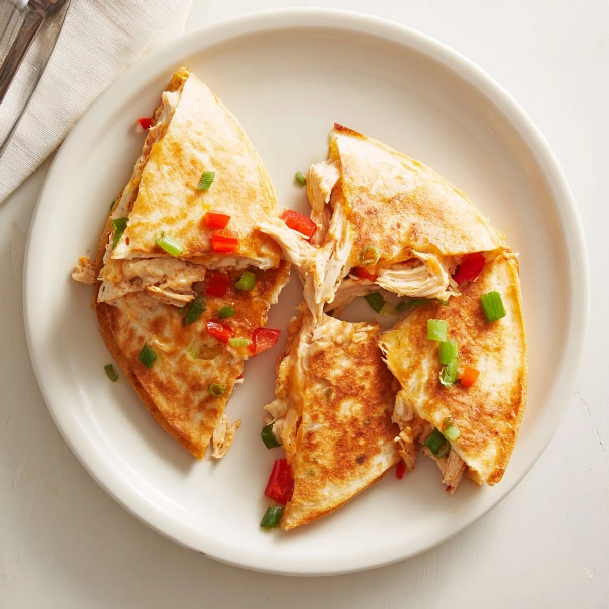 Crispy oven-baked quesadillas stuffed with tender chicken, colorful peppers, and gooey Mexican cheese
