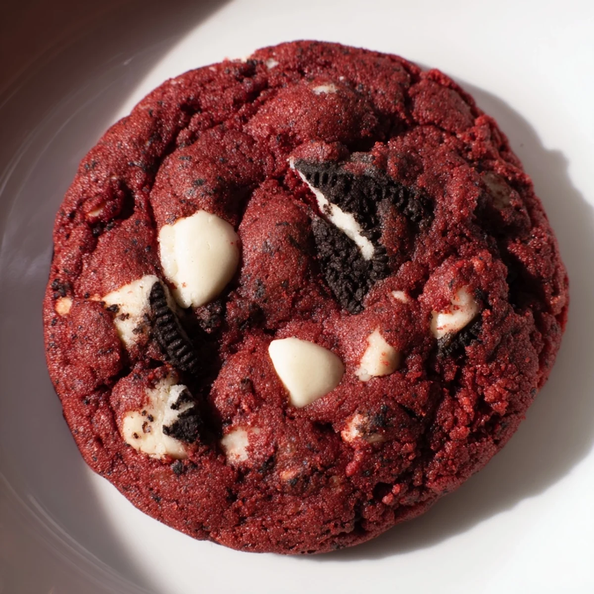 Freshly baked red velvet Oreo cookies with golden edges and visible Oreo chunks cooling on rack
