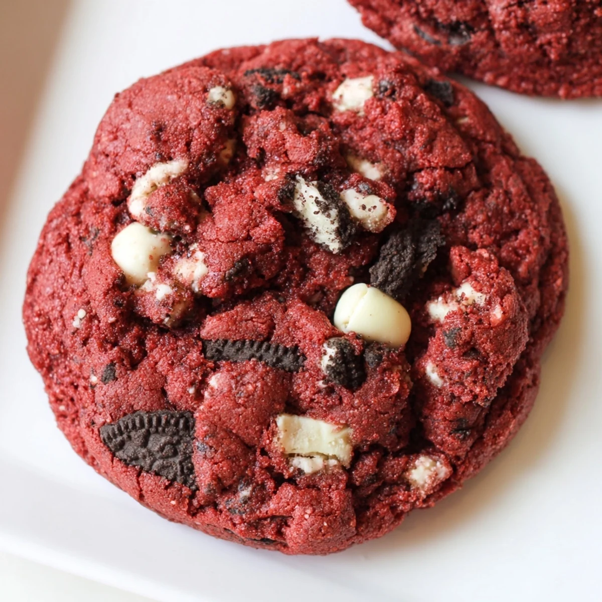 Soft chewy red velvet Oreo cookies studded with white chocolate chips on a white plate