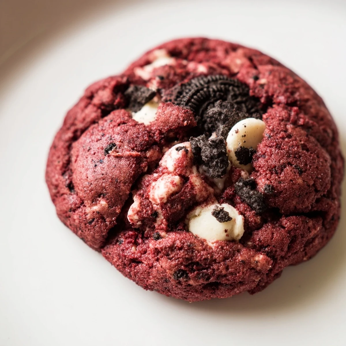 Homemade red velvet Oreo cookies featuring cocoa batter dotted with white chocolate and crushed sandwich cookies