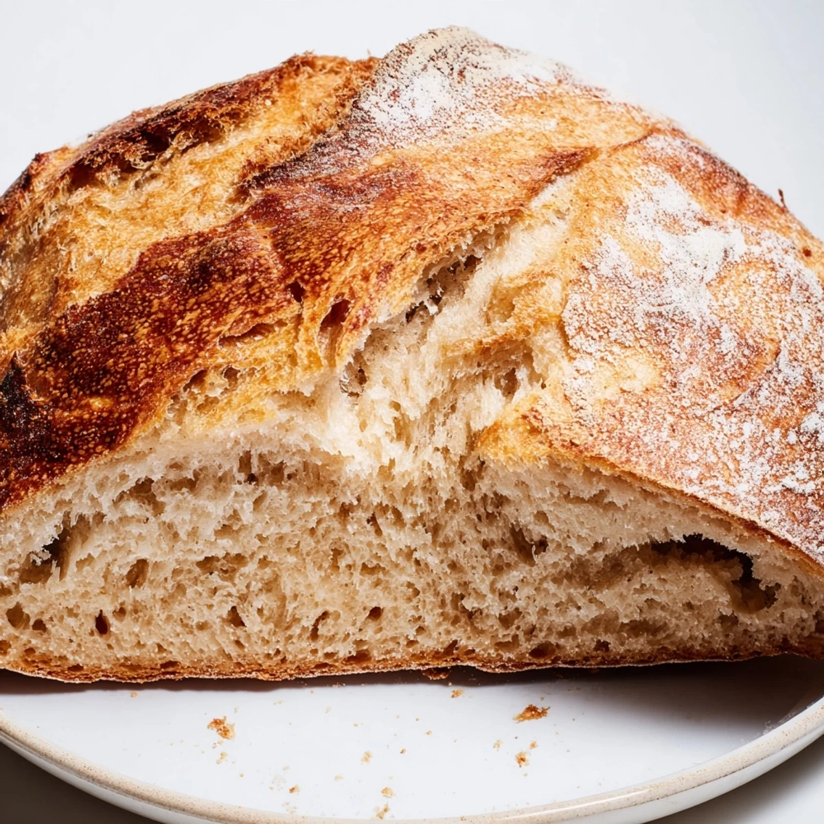 Golden homemade crusty bread loaf with crackling exterior and soft airy interior baked to perfection