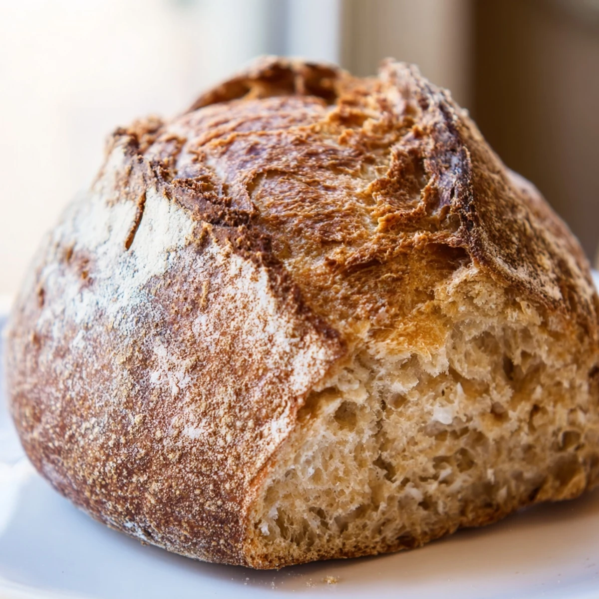 Warm crusty bread cooling on wire rack showing chewy texture inside golden brown hardened crust