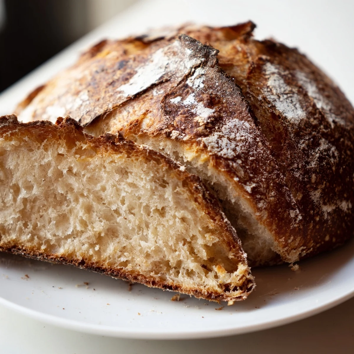 Rustic artisan crusty bread fresh from the oven with deep brown blistered crust ready for slicing