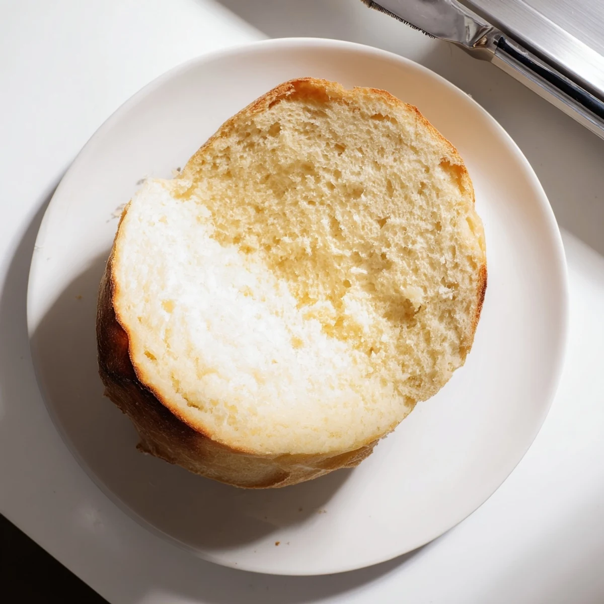Pan-fried round bread with golden crust, freshly cooked skillet bread on cutting board