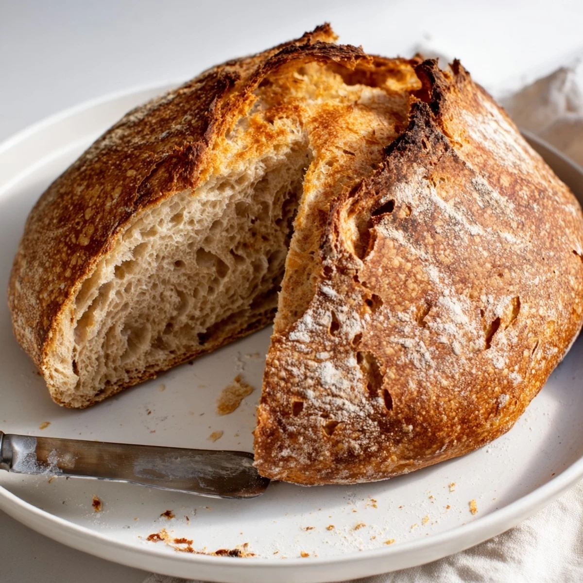 Golden crusty artisan no knead bread loaf on wooden cutting board with dusted flour