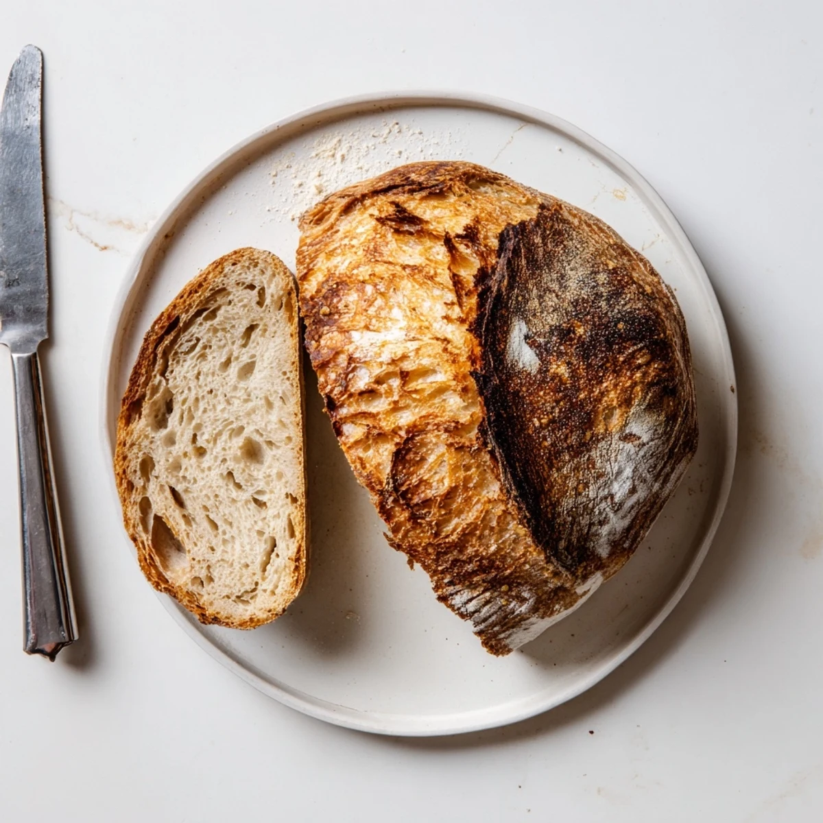 Rustic homemade no knead bread broken open revealing soft chewy interior texture