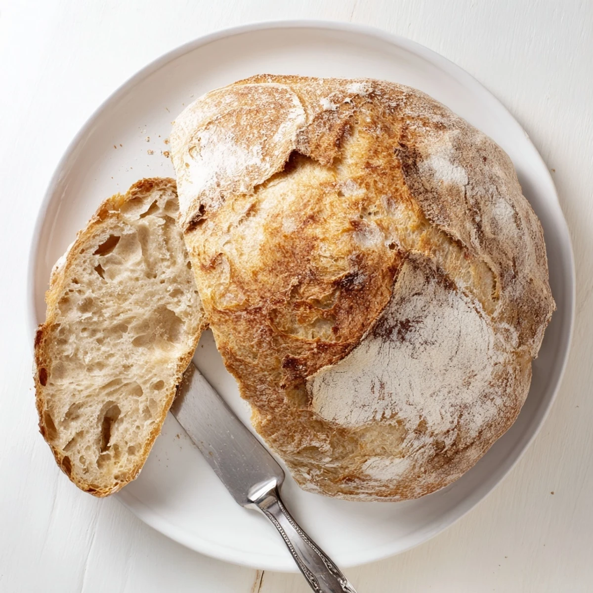 Freshly baked artisan no knead bread cooling on wire rack with deep brown crust