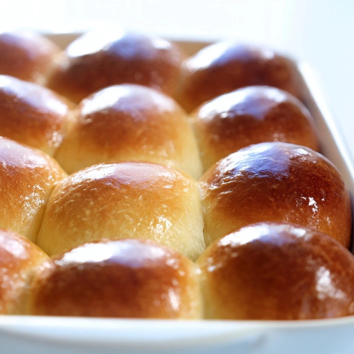 Golden brown buttery bliss brioche rolls arranged in a baking dish with glossy egg-washed tops