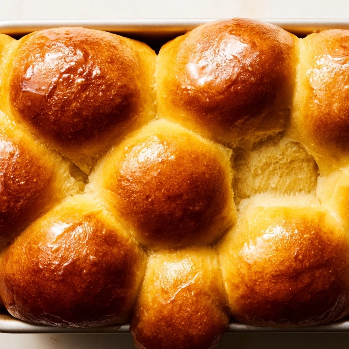 Soft fluffy brioche rolls fresh from the oven brushed with egg wash and ready for serving