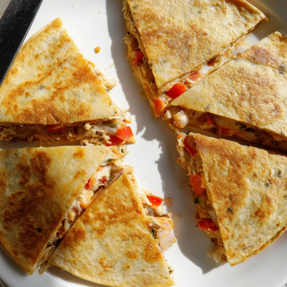 Golden brown crispy chicken quesadillas filled with melted cheese and diced vegetables