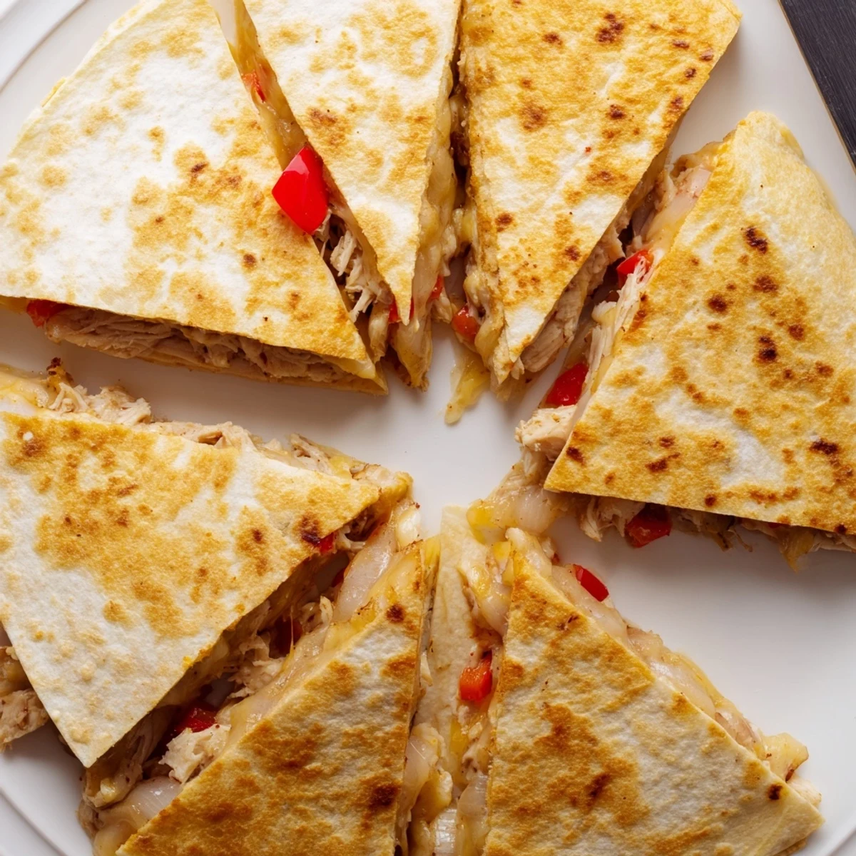 Half-moon shaped tortillas packed with seasoned shredded chicken and gooey Monterey Jack cheese