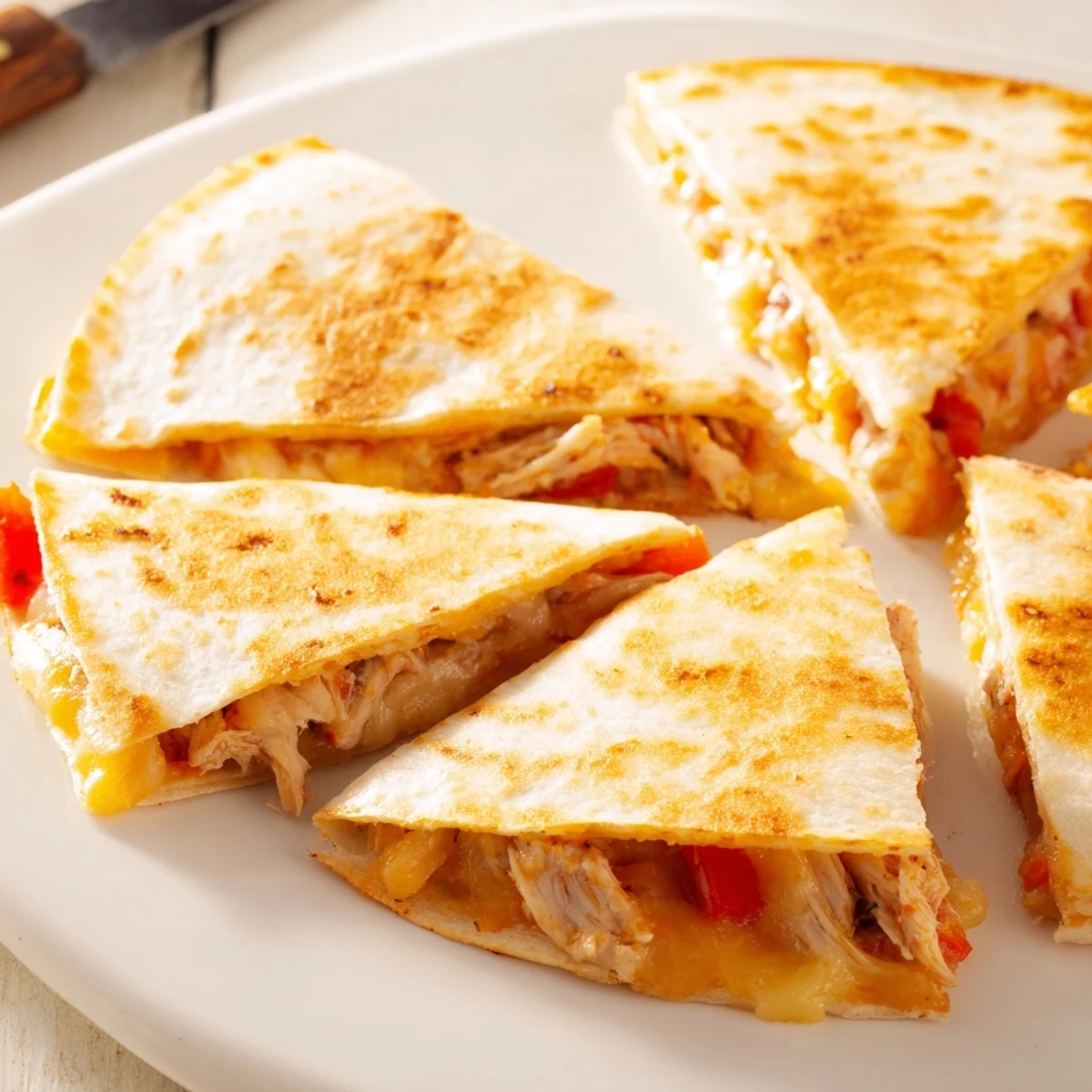Pan-fried chicken quesadillas cut into wedges and served with fresh garnishes