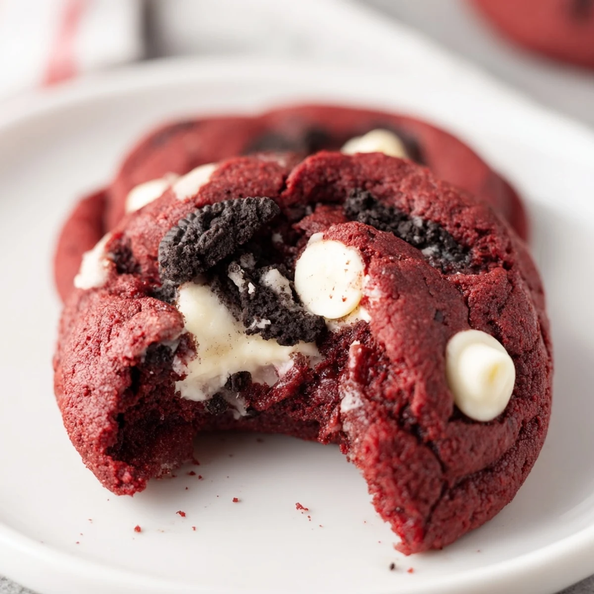 Freshly baked homemade red velvet Oreo cookies stuffed with creamy white chocolate filling on a wire cooling rack