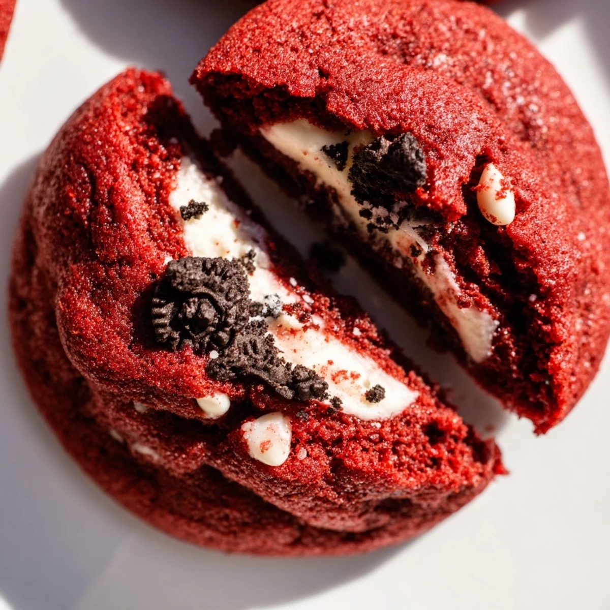 Chewy red velvet Oreo cookies with visible Oreo cream filling and white chocolate chips on a white plate
