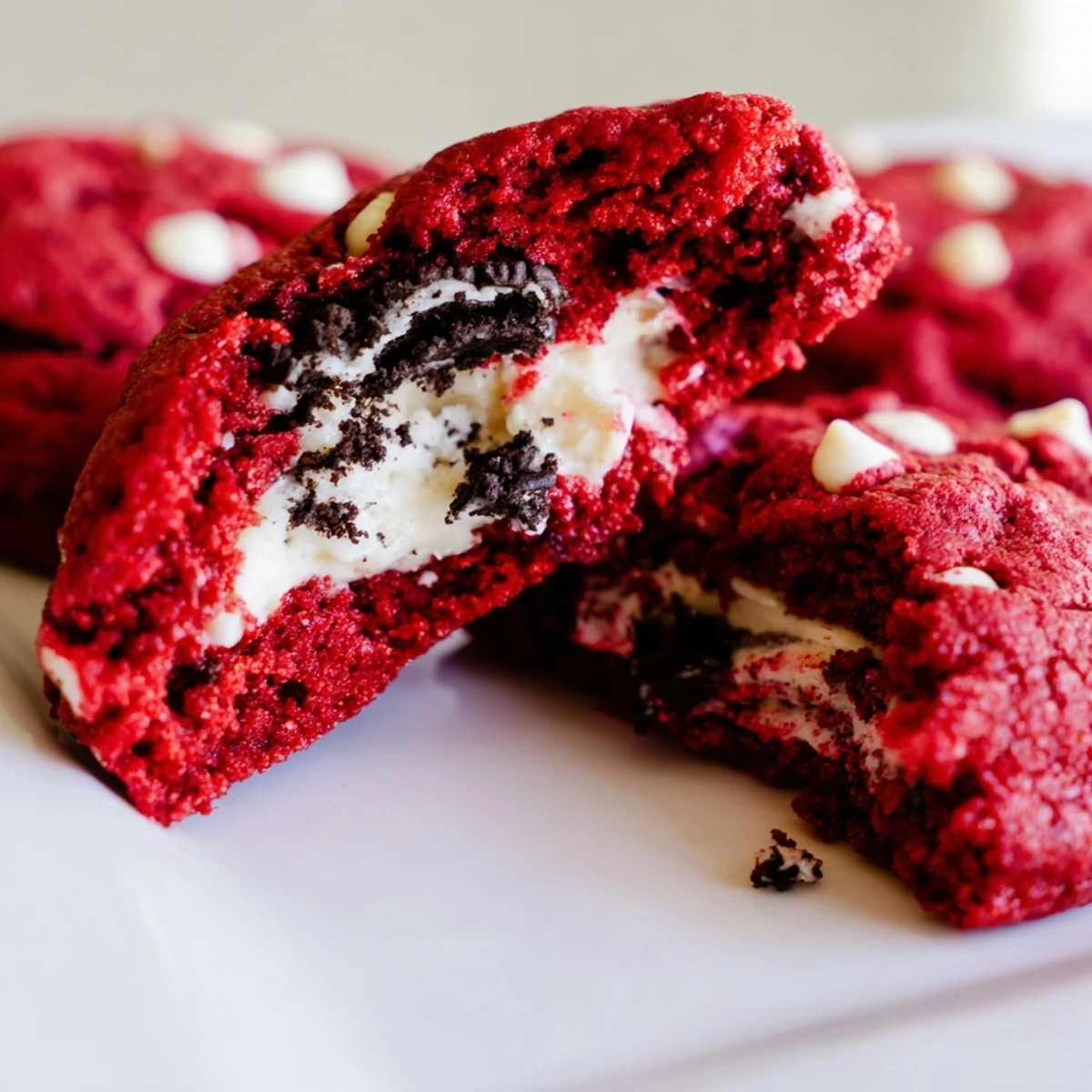 Close up of rich red velvet Oreo cookies showing crumbly texture and cream cheese Oreo filling inside