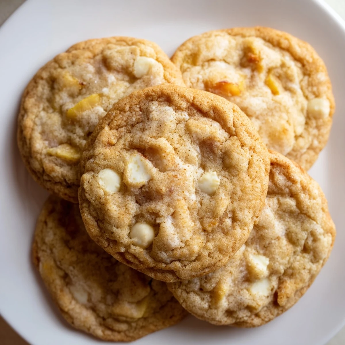 Soft chewy peaches and cream cookies with juicy fruit pieces melting into sweet vanilla dough