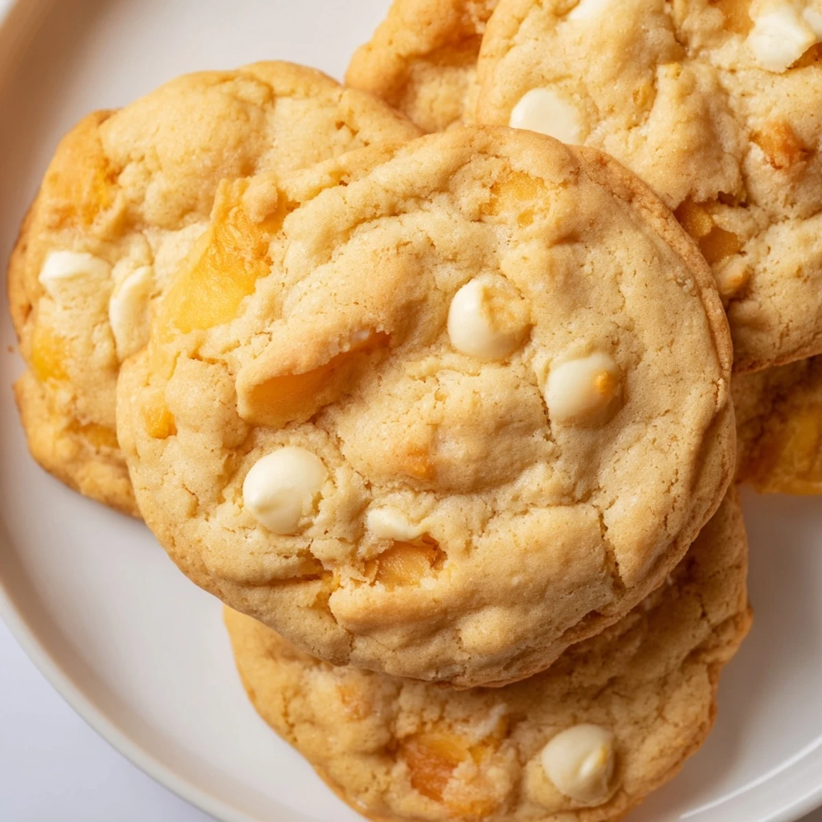 Baked peaches and cream cookies featuring diced peaches and creamy white chips on cooling rack