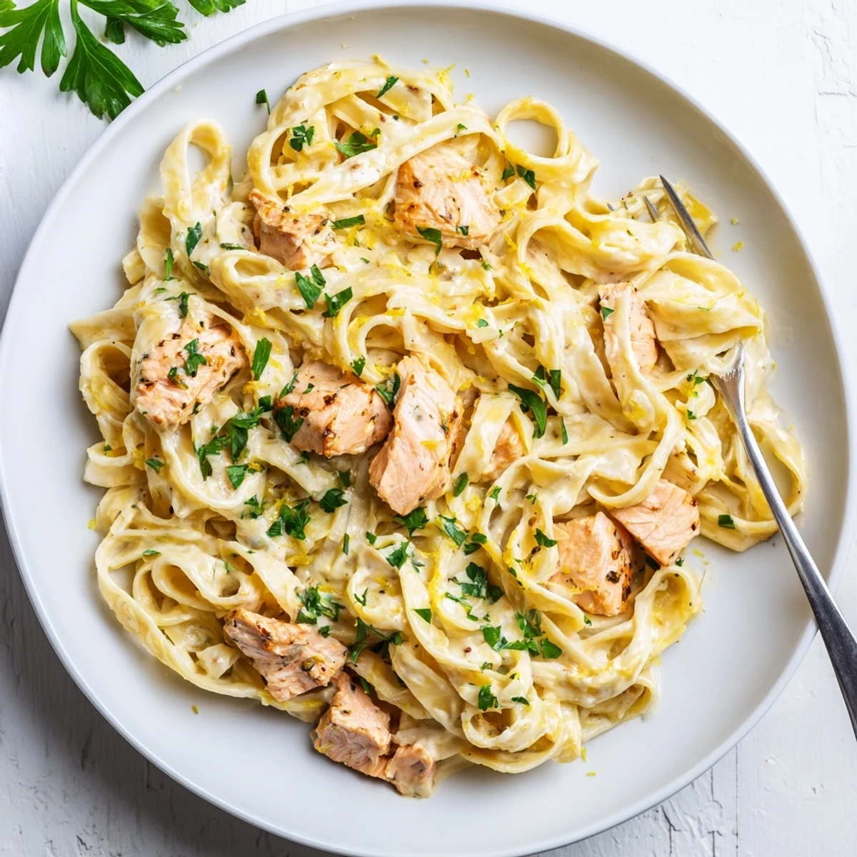 Tender fettuccine noodles coated in rich parmesan lemon cream sauce topped with flaky salmon