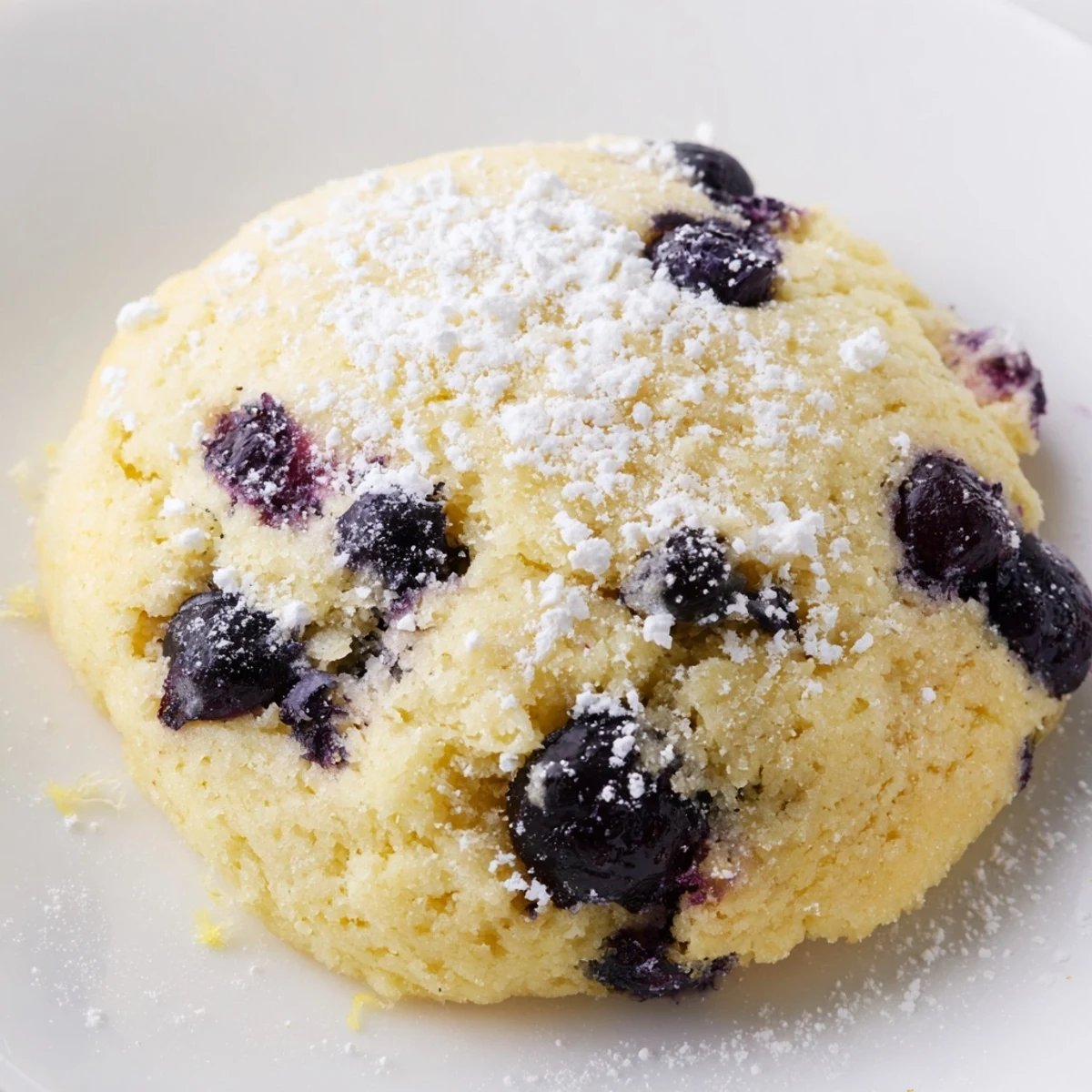 Soft lemon blueberry cookies dusted with powdered sugar on a white plate.