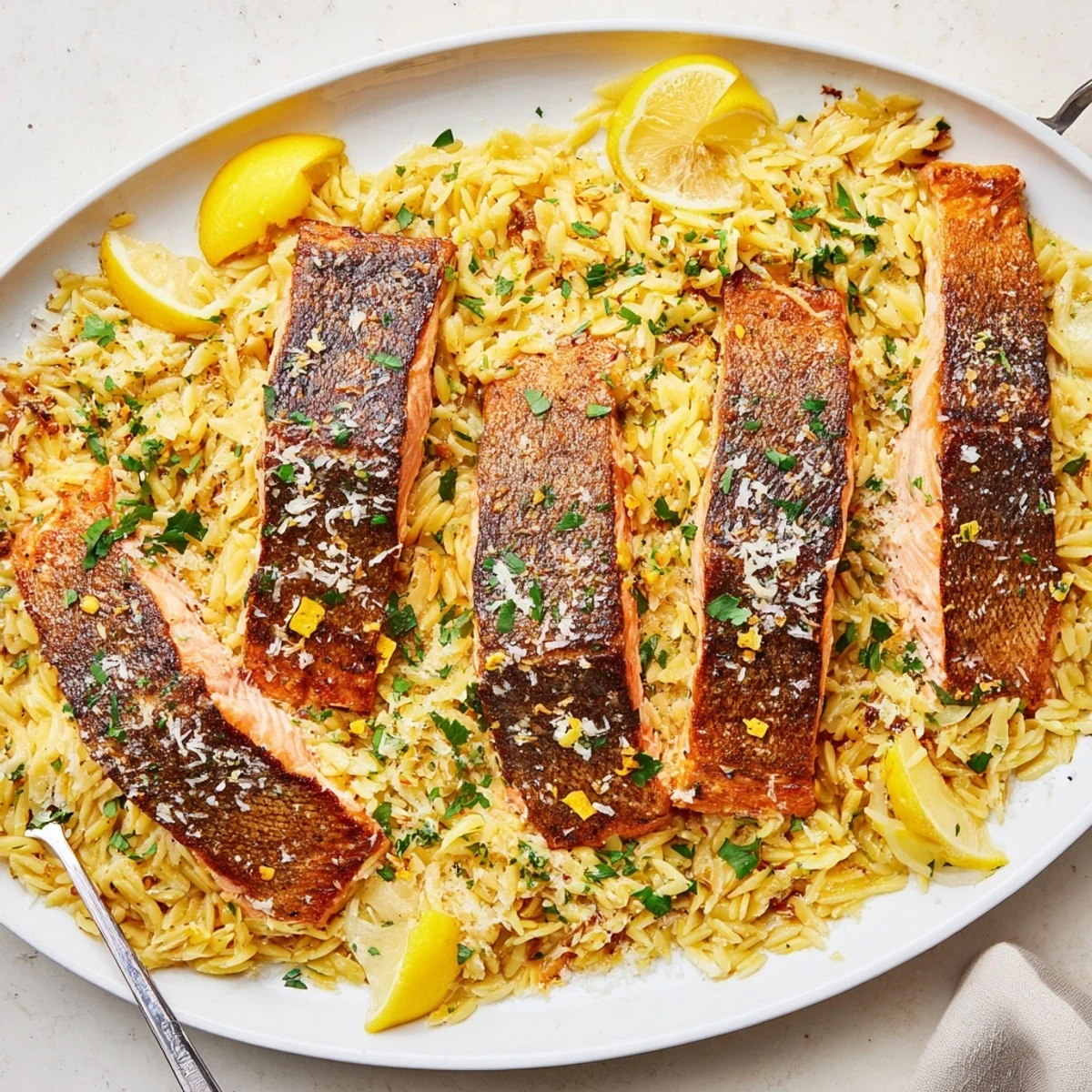 Golden seared salmon fillets rest on creamy lemon orzo topped with fresh parsley in a deep skillet