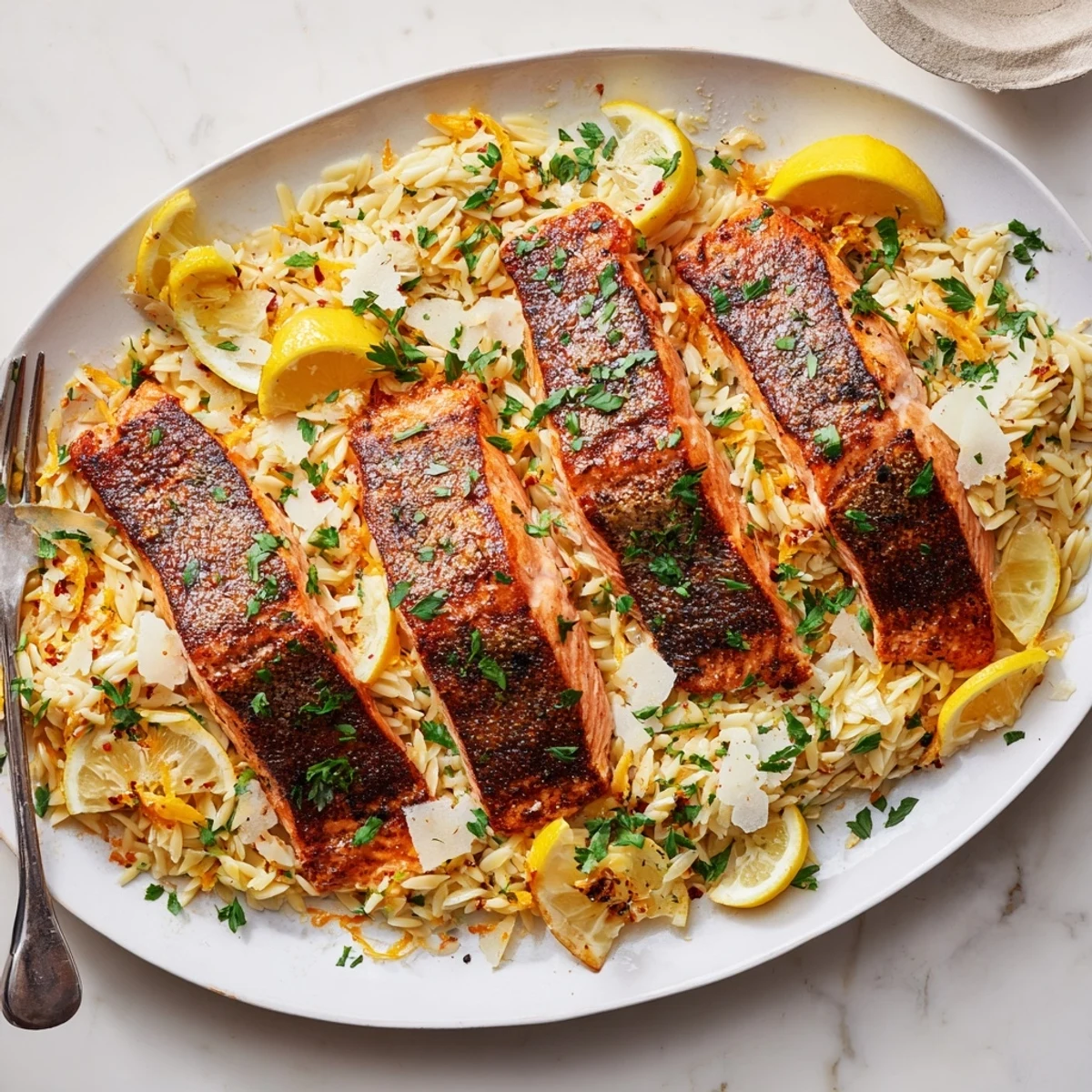 Flaky salmon with crispy skin nestled atop bright lemon parmesan orzo in this one pan Mediterranean dinner