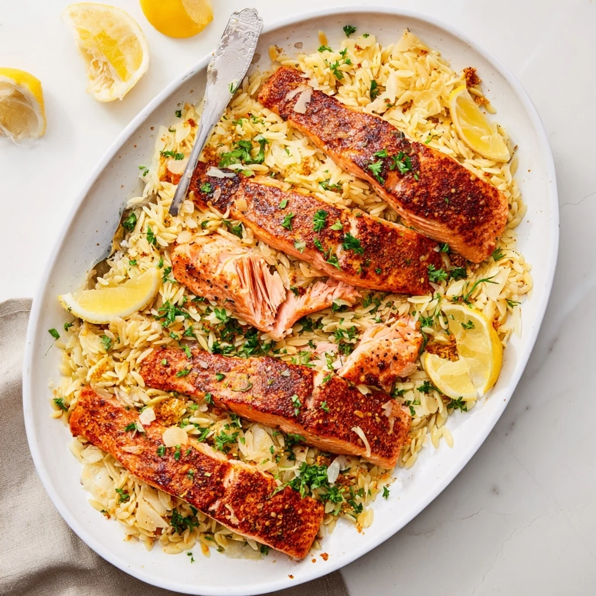 Perfectly cooked one skillet salmon with lemon orzo garnished with chopped parsley and served with lemon wedges