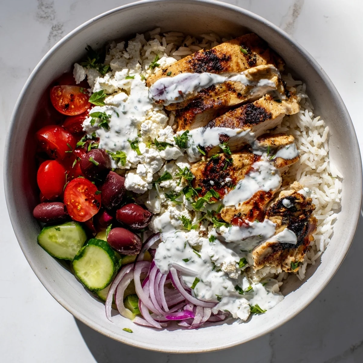 Golden Greek chicken bowls featuring fluffy rice, fresh vegetables, tangy feta, and creamy yogurt sauce drizzled on top