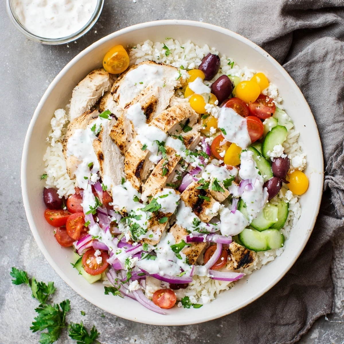 Tender marinated Greek chicken bowls loaded with Mediterranean toppings like cucumbers, tomatoes, olives, and crumbled feta cheese
