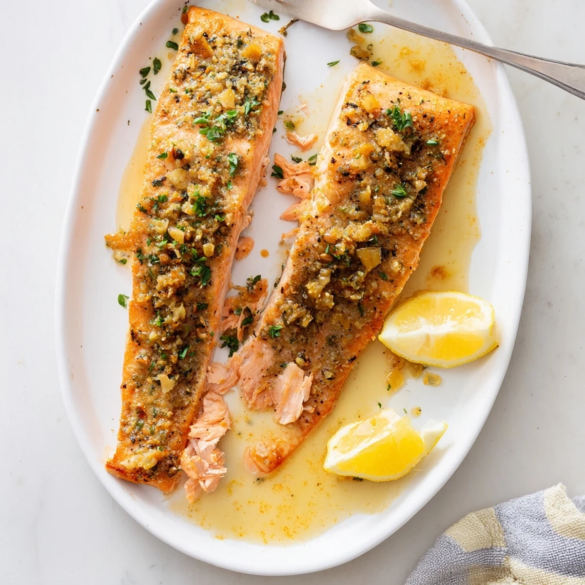 Golden brown Texas Roadhouse style baked salmon fillet with buttery lemon-pepper glaze caramelized on top