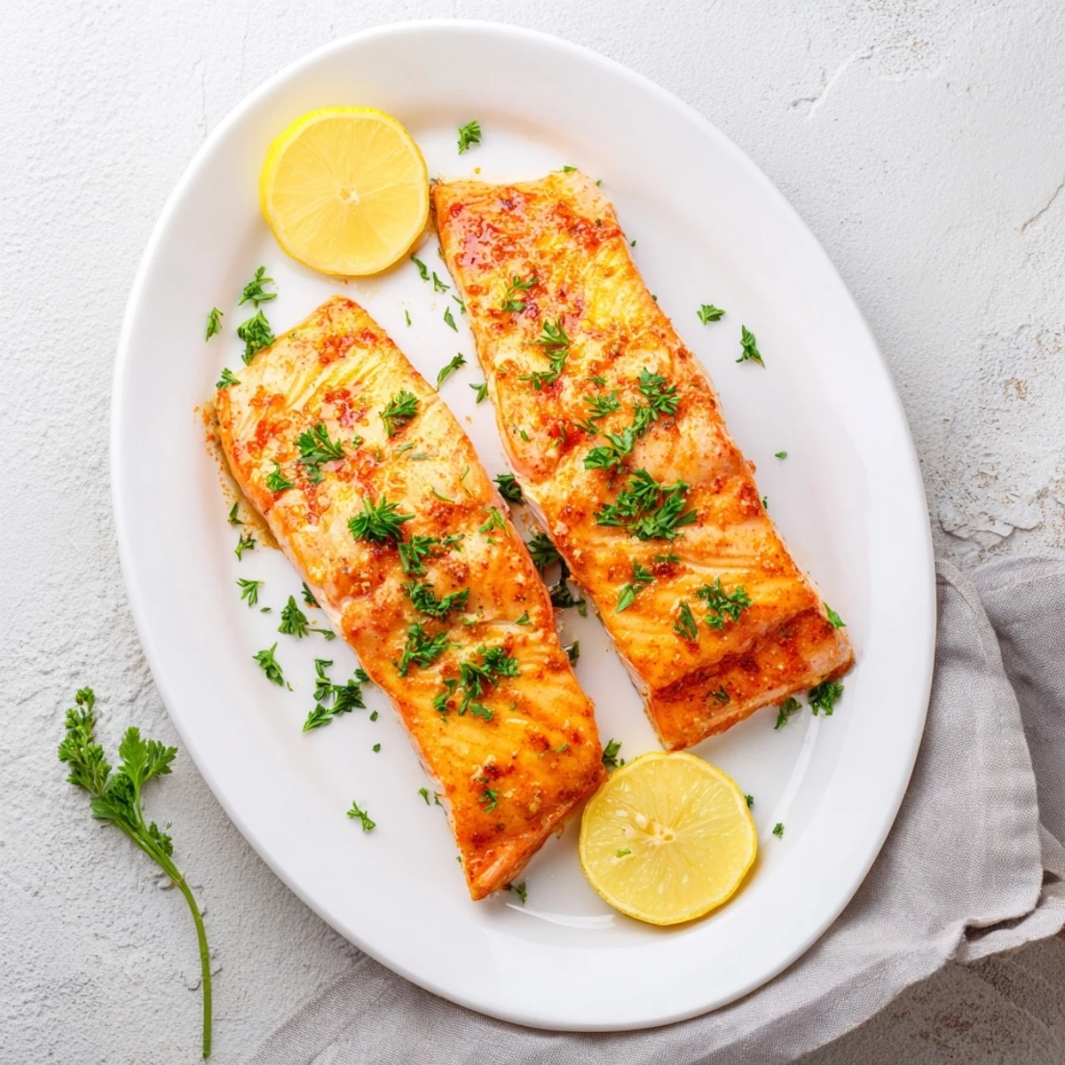 Flaky baked salmon seasoned with smoked paprika and fresh parsley garnish on white plate