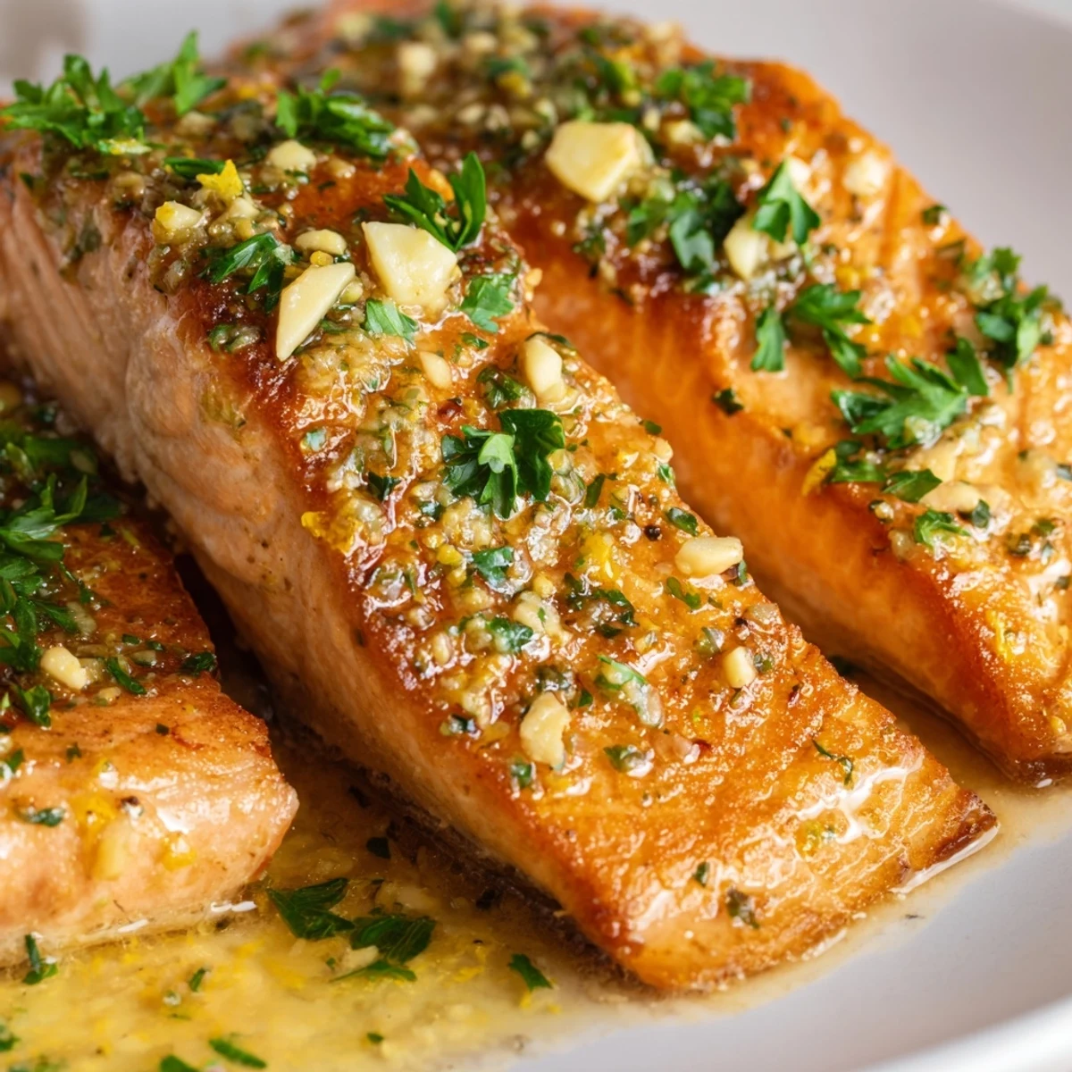 Golden pan seared salmon fillets glazed with rich garlic butter sauce and fresh parsley