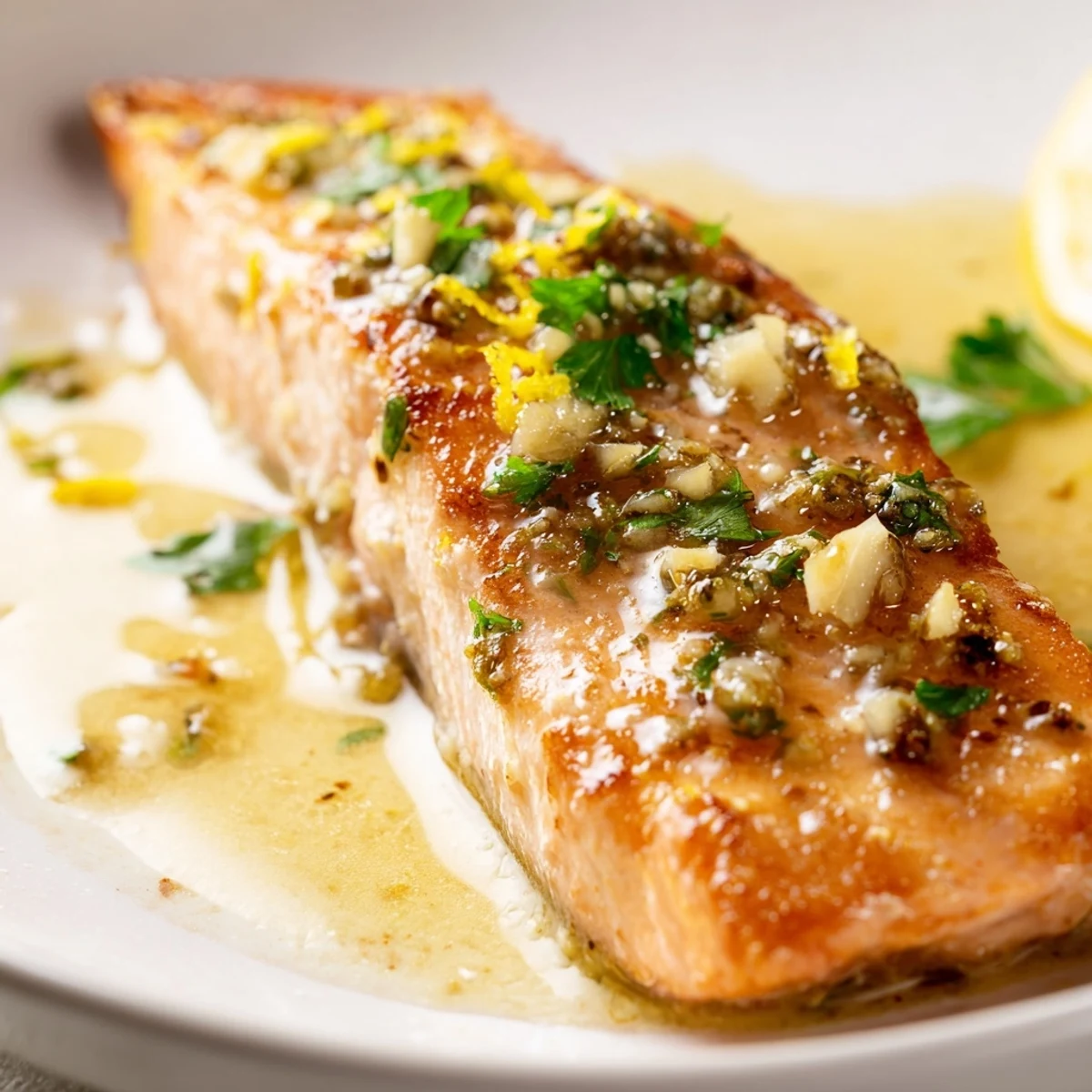 Perfectly cooked salmon with crispy skin topped in melted garlic butter and lemon zest